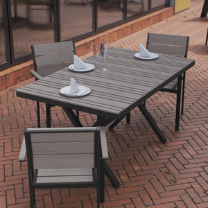 Finch Commercial Grade X-Frame Outdoor Dining Table 59" x 35.5" with Faux Teak Poly Slats and Metal Frame, Natural/Gray