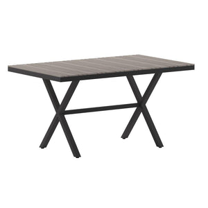 Finch Commercial Grade X-Frame Outdoor Dining Table 59" x 35.5" with Faux Teak Poly Slats and Metal Frame, Natural/Gray