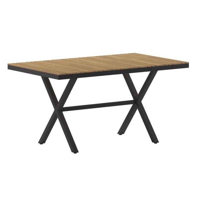 Finch Commercial Grade X-Frame Outdoor Dining Table 59" x 35.5" with Faux Teak Poly Slats and Metal Frame, Natural/Gray