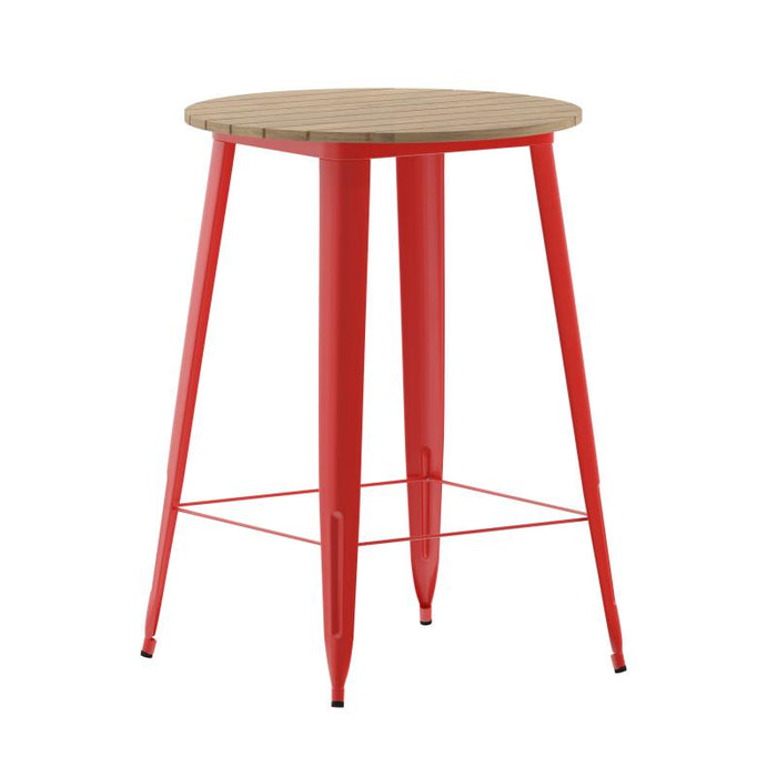 GIA - Commercial Indoor/Outdoor Bar Top Table, 30" Round All Weather Brown Poly Resin Top with Red Steel Base