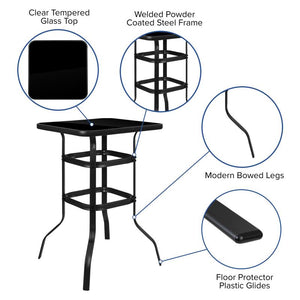 Brazos Outdoor Dining Set - 4-Person Bistro Set - Brazos Outdoor Glass Bar Table with Black All-Weather Patio Stools