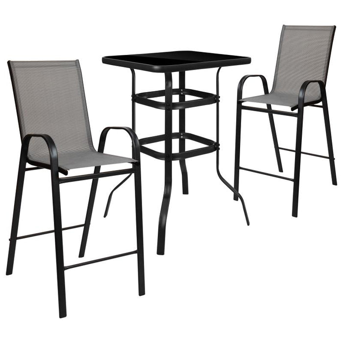 Brazos Outdoor Dining Set - 2-Person Bistro Set - Brazos Outdoor Glass Bar Table with Gray All-Weather Patio Stools