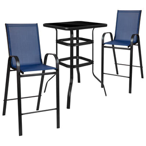 Brazos Outdoor Dining Set - 2-Person Bistro Set - Brazos Outdoor Glass Bar Table with Gray All-Weather Patio Stools