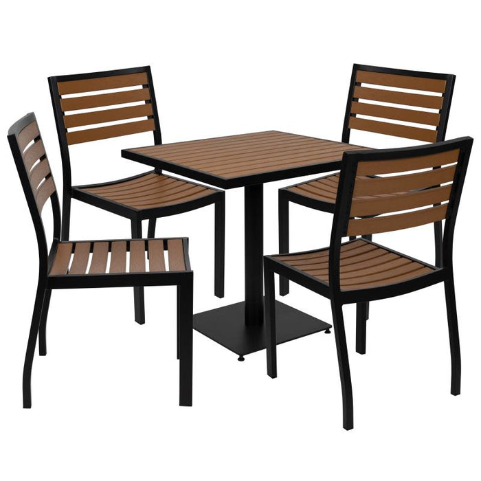 Landmark Outdoor Patio Bistro Dining Table Set with 4 Chairs and Faux Teak Poly Slats