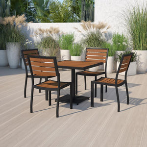 Landmark Outdoor Patio Bistro Dining Table Set with 4 Chairs and Faux Teak Poly Slats