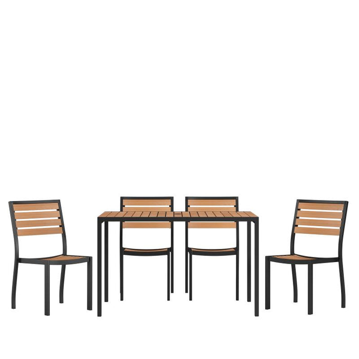 Landmark 5 Piece Patio Table Set - Synthetic Teak Poly Slats - 30" x 48" Steel Framed Table with 4 Stackable Faux Teak Chairs