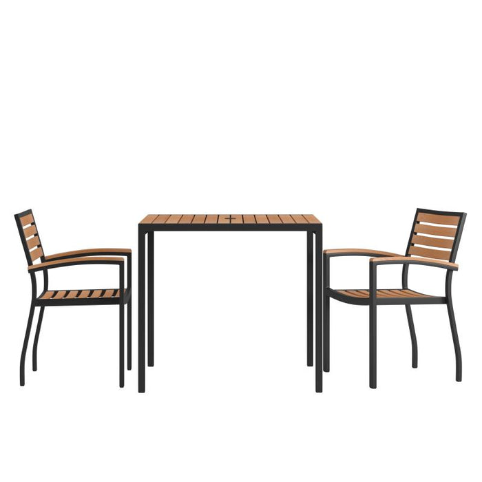 Landmark 3 Piece Outdoor Dining Table Set - Synthetic Teak Poly Slats - 35" Square Steel Framed Table - Umbrella Hole - 2 Club Chairs