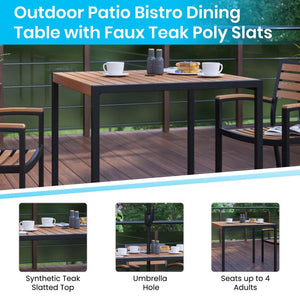 Landmark 3 Piece Patio Table Set - Synthetic Teak Poly Slats - 35" Square Steel Framed Table with 2 Stackable Faux Teak Chairs