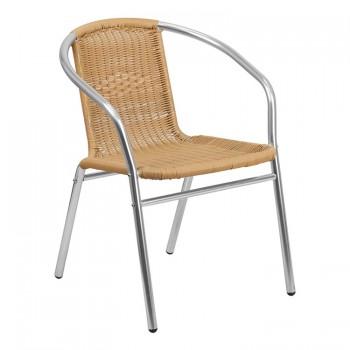 ALUMINUM AND BEIGE RATTAN COMMERCIAL INDOOR-OUTDOOR RESTAURANT STACK CHAIR [TLH-020-BGE-GG]