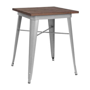 23.5'' SQUARE SILVER METAL INDOOR-OUTDOOR TABLE / WOOD TOP