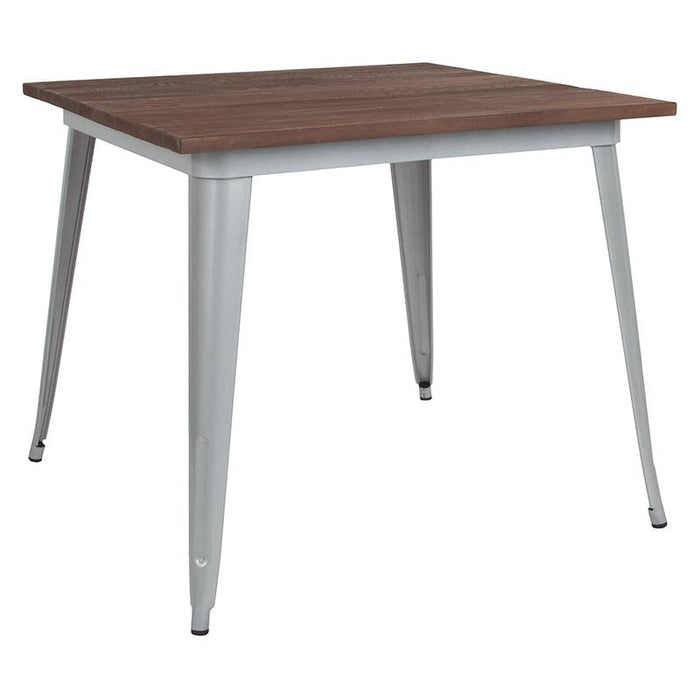 36'' SQUARE SILVER METAL INDOOR-OUTDOOR TABLE / WOOD TOP