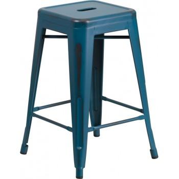 PHOENIX - 24'' High Backless Distressed Kelly Blue Metal Indoor Counter Height Stool