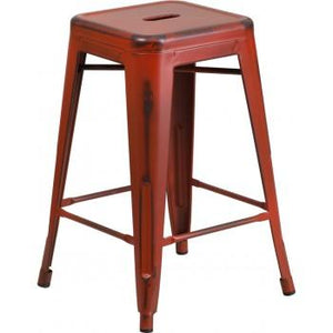 PHOENIX - 24'' High Backless Distressed Kelly Red Metal Indoor Counter Height Stool