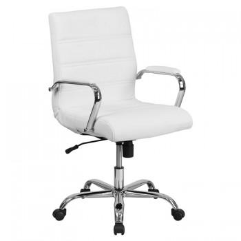 MID-BACK WHITE LEATHER EXECUTIVE SWIVEL OFFICE CHAIR WITH CHROME ARMS [GO-2286M-WH-GG]