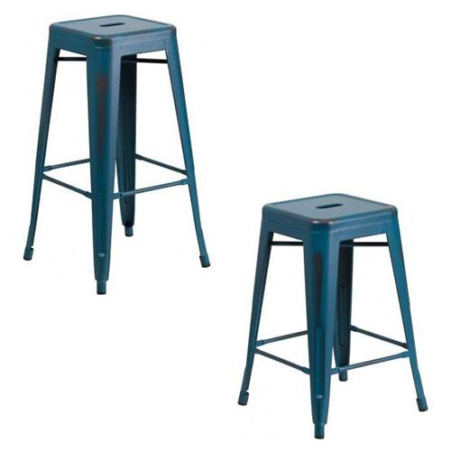 PHOENIX - 24'' & 30" High Backless Distressed Kelly Blue Metal Indoor Counter Height Stool