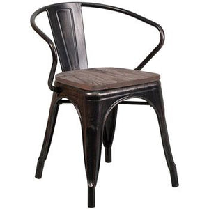 PHOENIX - BLACK-GOLD ANTIQUE METAL CHAIR WITH ARMS / WOOD SEAT OPTION