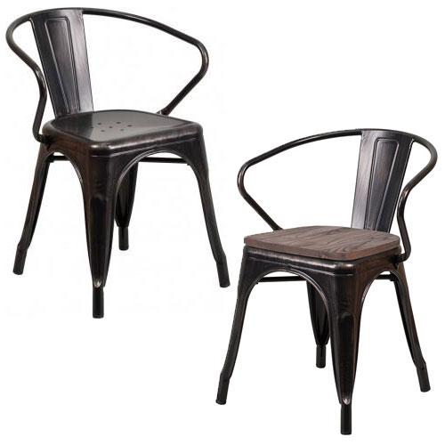 PHOENIX - BLACK-GOLD ANTIQUE METAL CHAIR WITH ARMS / WOOD SEAT OPTION