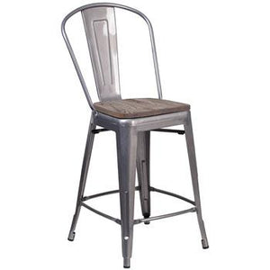 PHOENIX - 24" HIGH CLEAR COATED INDOOR COUNTER HIGH STOOL WITH BACK / WOOD SEAT OPTION