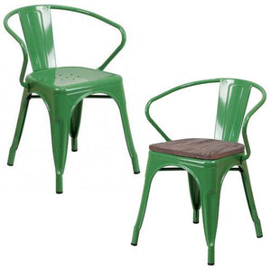 PHOENIX - GREEN METAL CHAIR WITH ARMS / WOOD SEAT OPTION