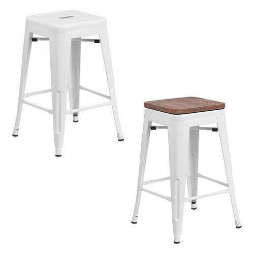PHOENIX - 24" BACKLESS WHITE METAL BAR STOOL / WOOD SEAT OPTION